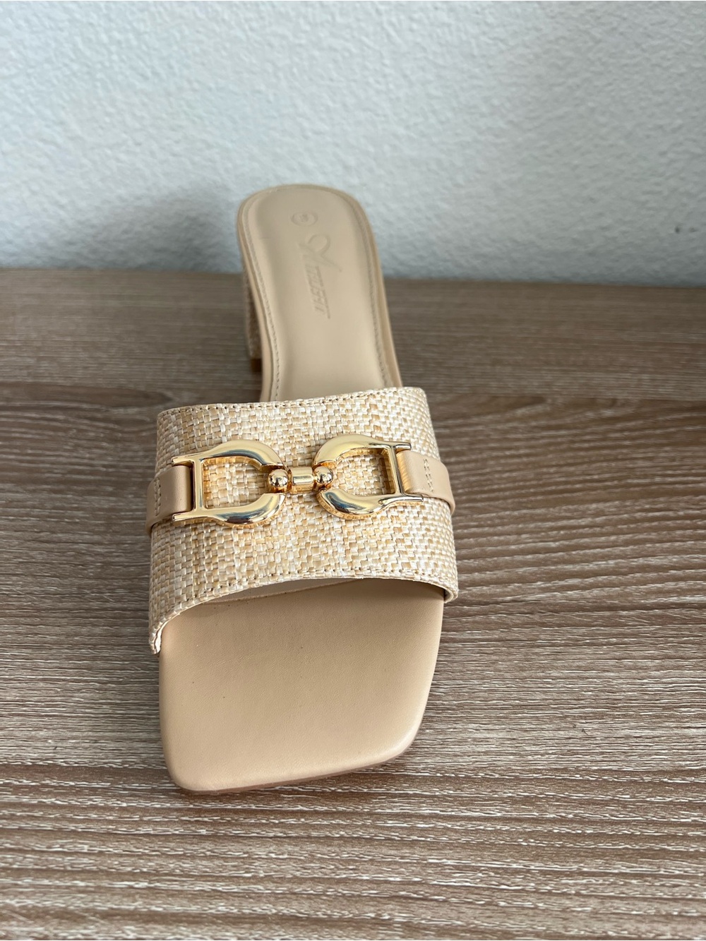 Neutral Woven Mule Slide with Gold Hardware